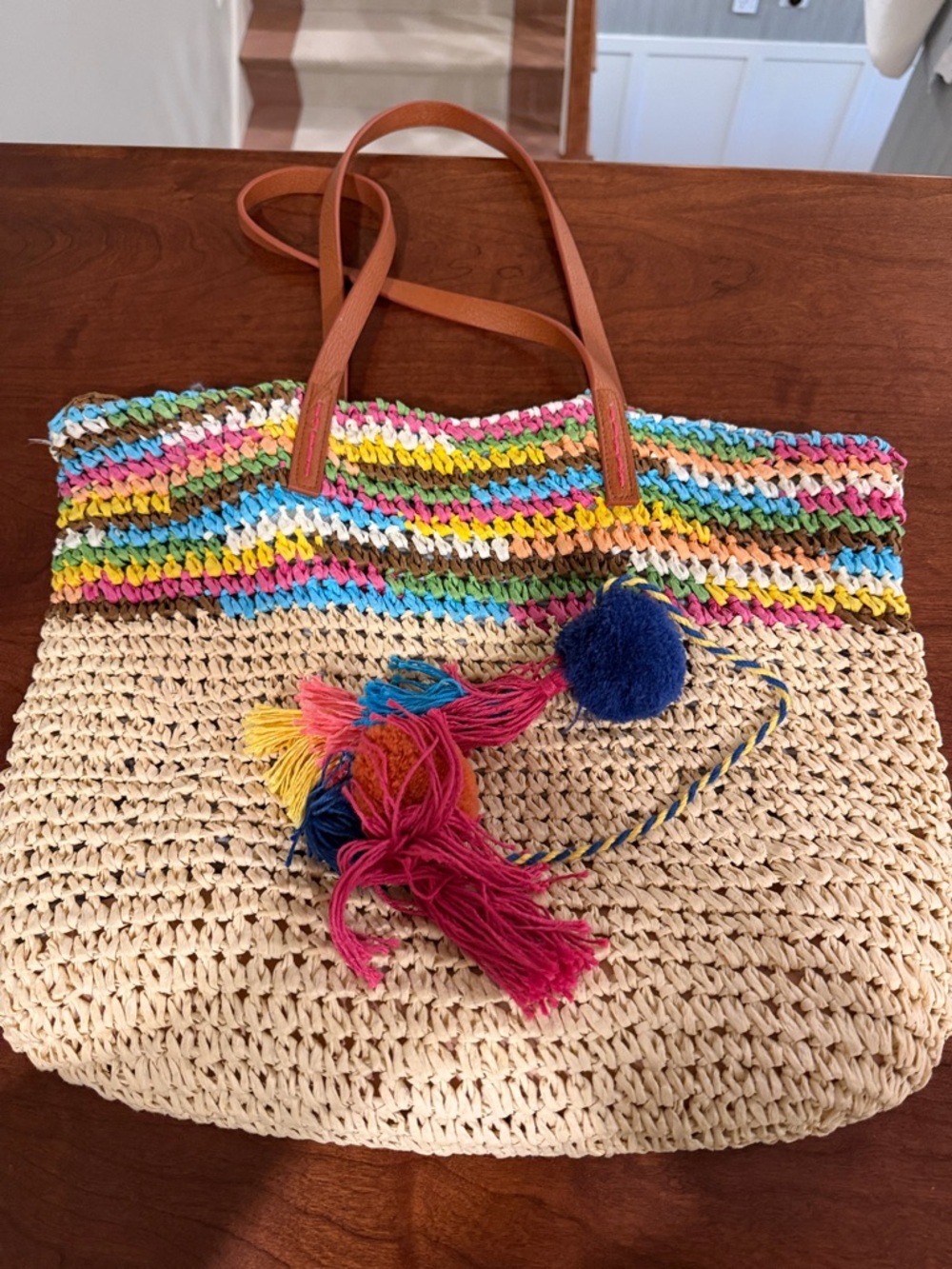 Multicolor Straw Crochet Tote with Brown Shoulder Straps